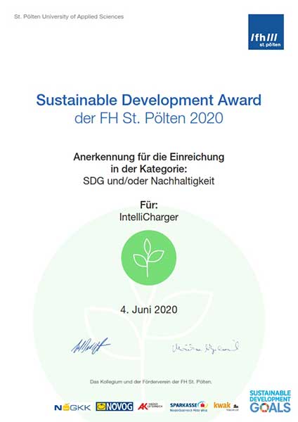 Anerkennungs Urkunde für die Einreichung des Produktes IntelliCharger in der Kategorie Nachhaltigkeit und/oder SDGs 